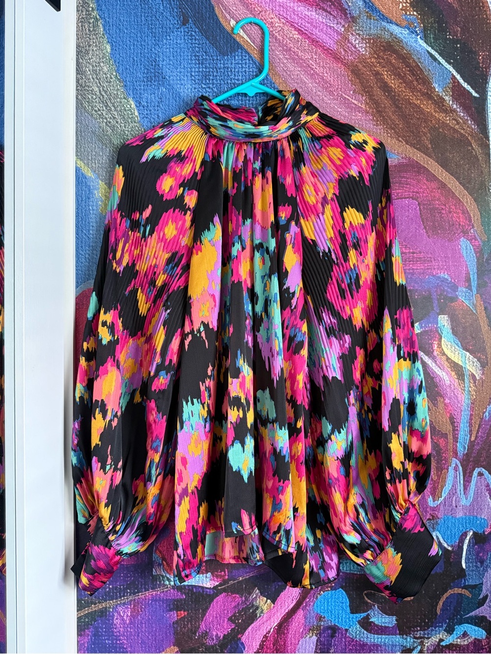 Hazel Women's High-Neck Pleated Blouse in Black Multi-Color